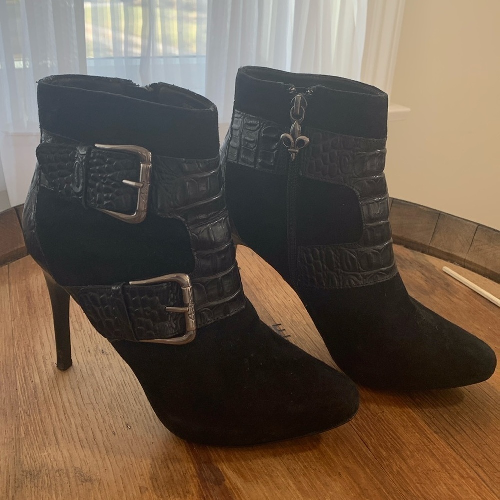 Donald J. Pliner Estero Black Suede Croc Embossed Leather High Heel Boots 6.5 M